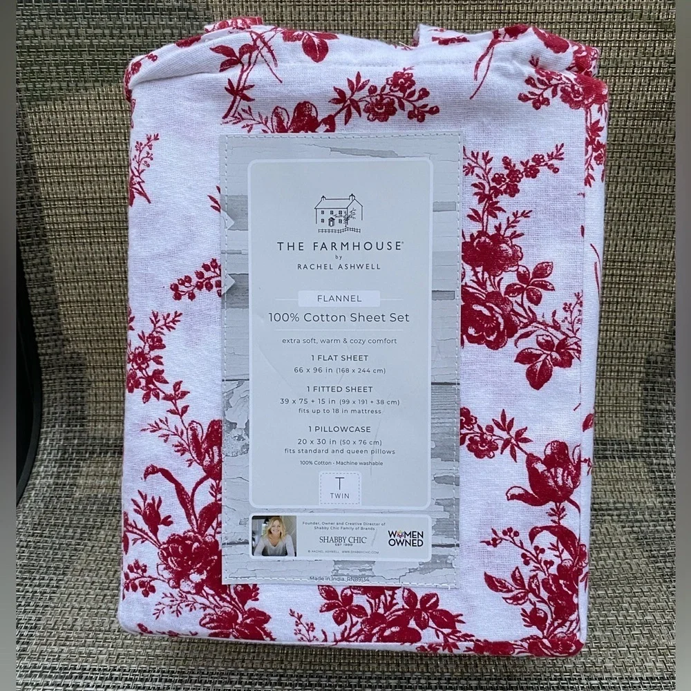 The Farmhouse Rachel Ashwell Red White Floral Flannel Cotton TWIN Sheet Set 3pc
